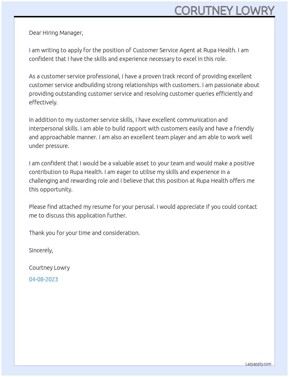 Customer Service Agent At Rupa Health Cover Letter