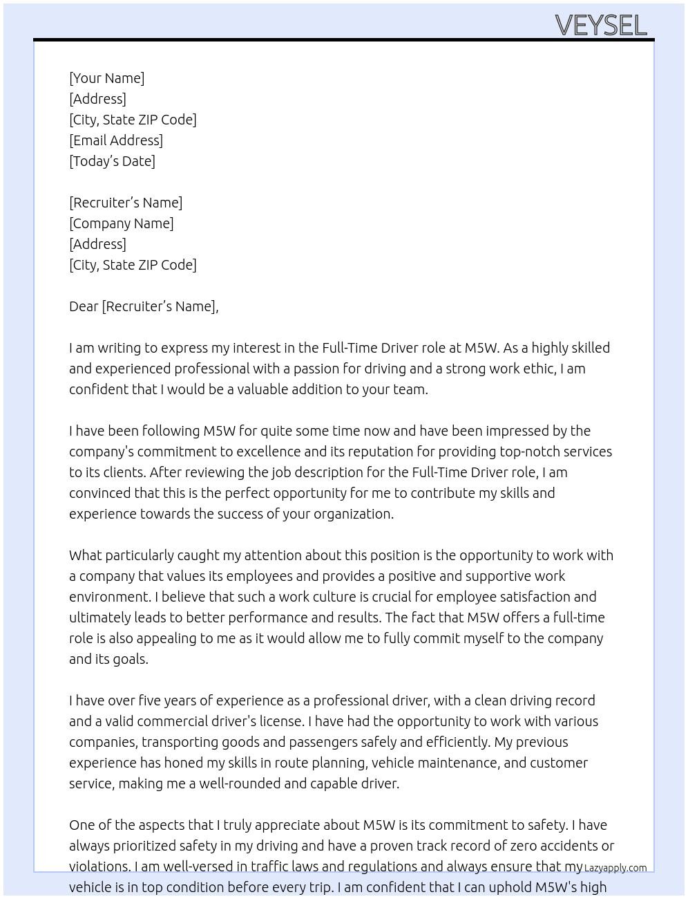 Driver  At M5W Cover Letter