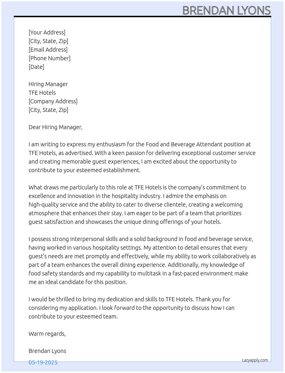 Food and Beverage Attendant At TFE Hotels Cover Letter