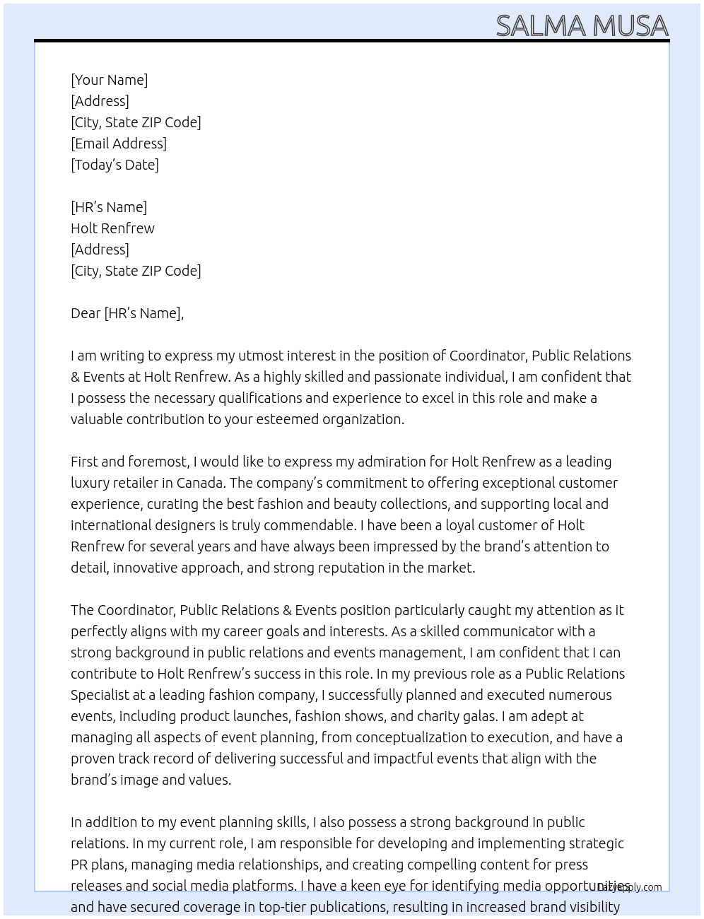 Coordinator, Public Relations & Events At Holt Renfrew Cover Letter