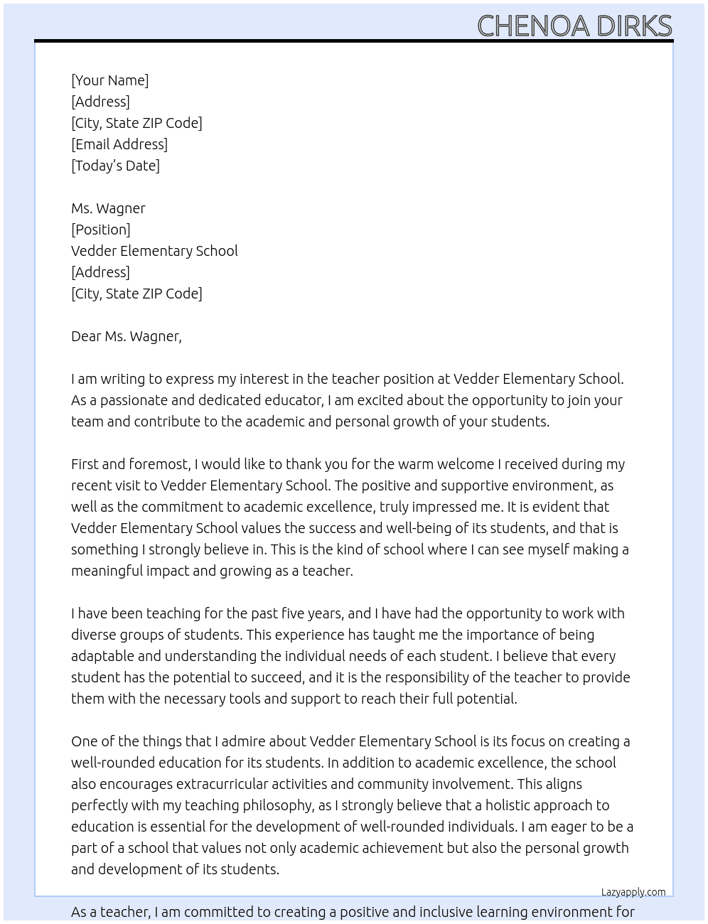 teacher At Vedder Elementary School Cover Letter