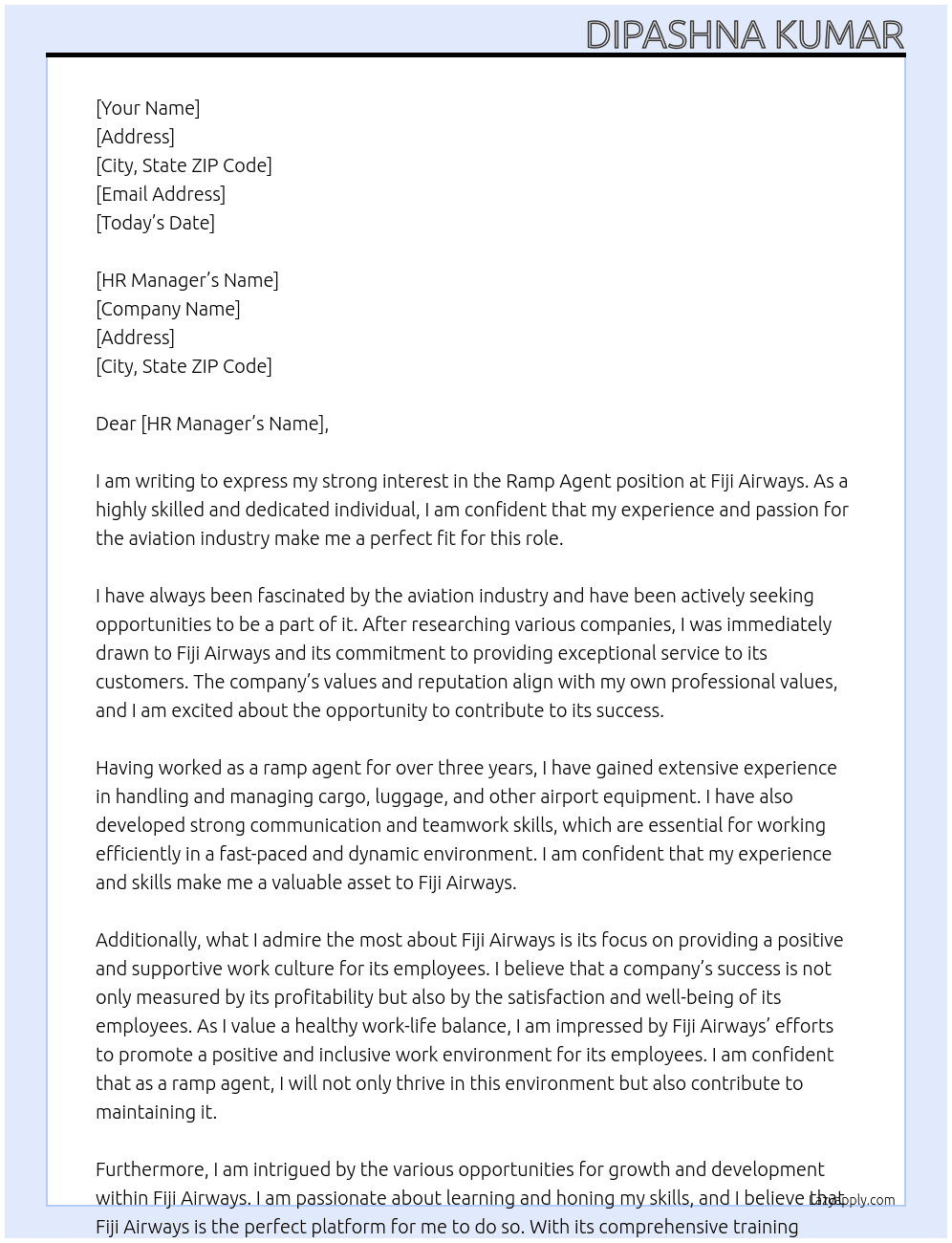 Ramp agent At Fiji airways  Cover Letter