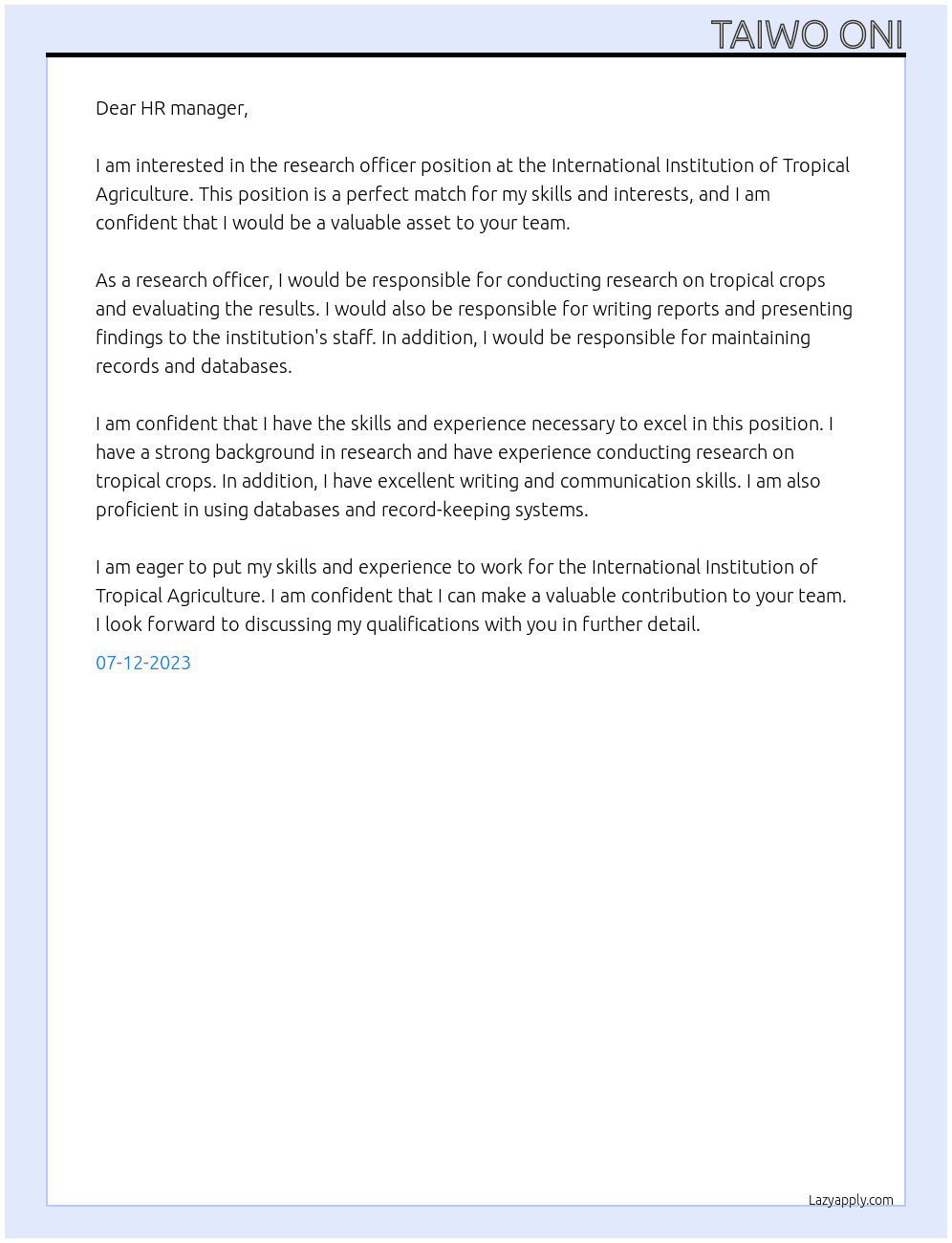 Research officer At International institution of tropical agriculture  Cover Letter