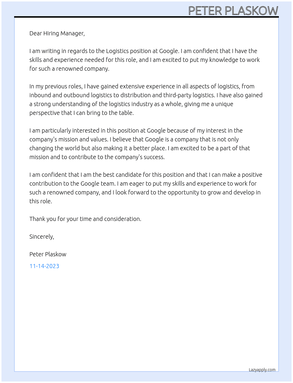 Logistics At Google Cover Letter
