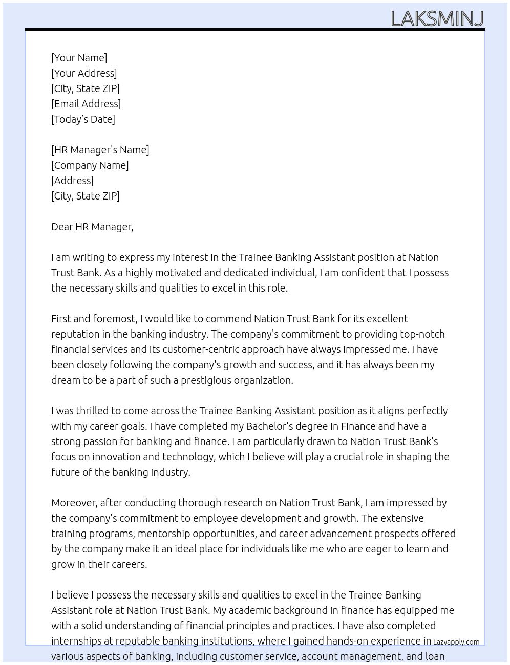 Trainee Banking assistant  At Nation Trust Bank  Cover Letter