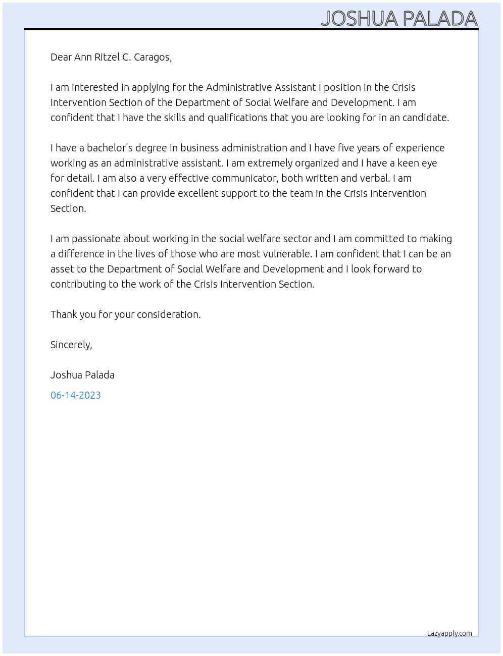 Administrative Assistant I At Department of Social Welfare and Development Cover Letter