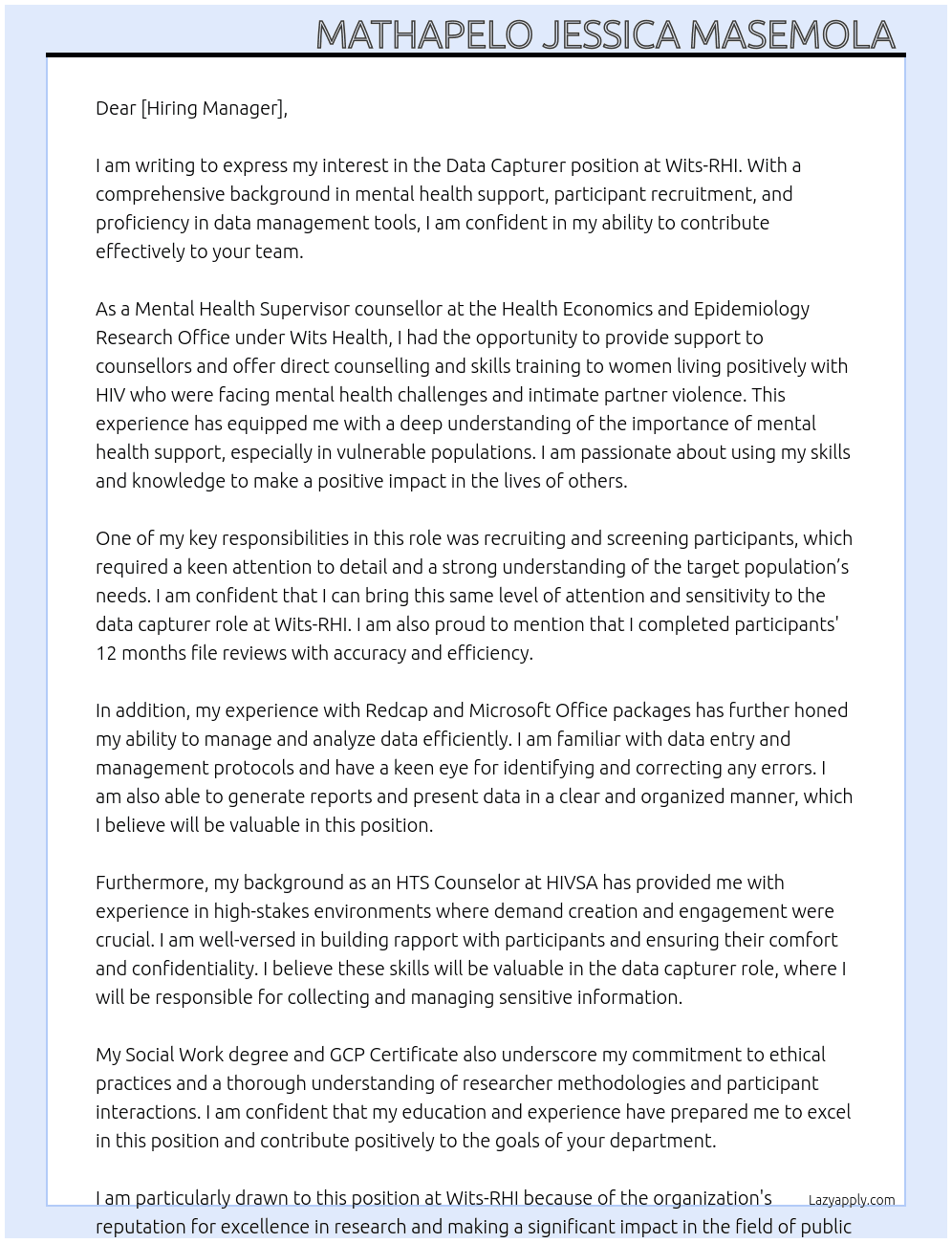 Data Capturer At Wits-RHI Cover Letter