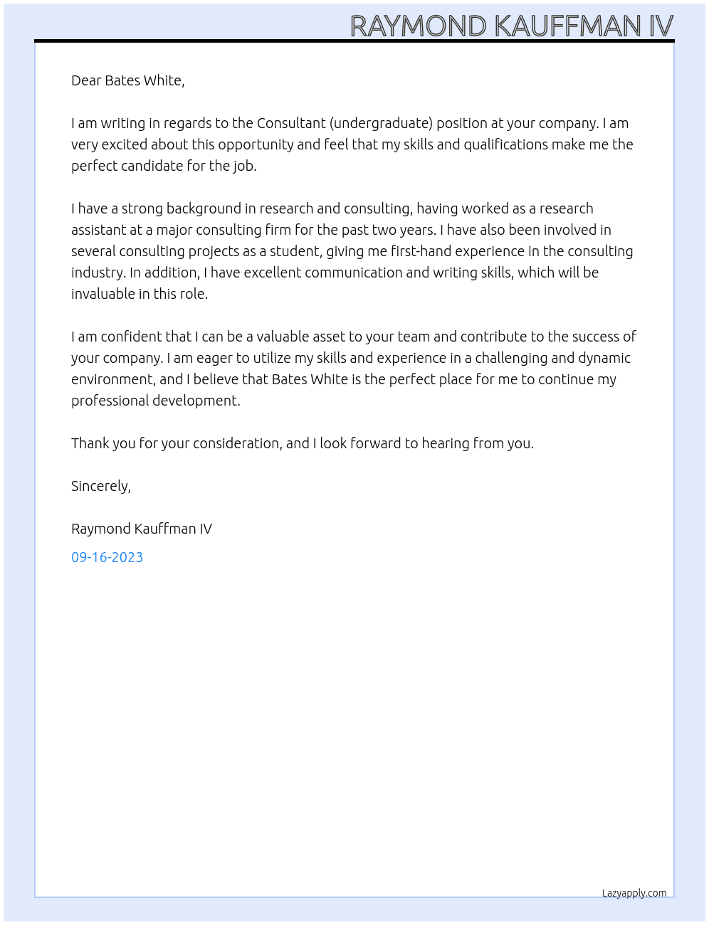 Consultant (undergraduate) At Bates White Cover Letter