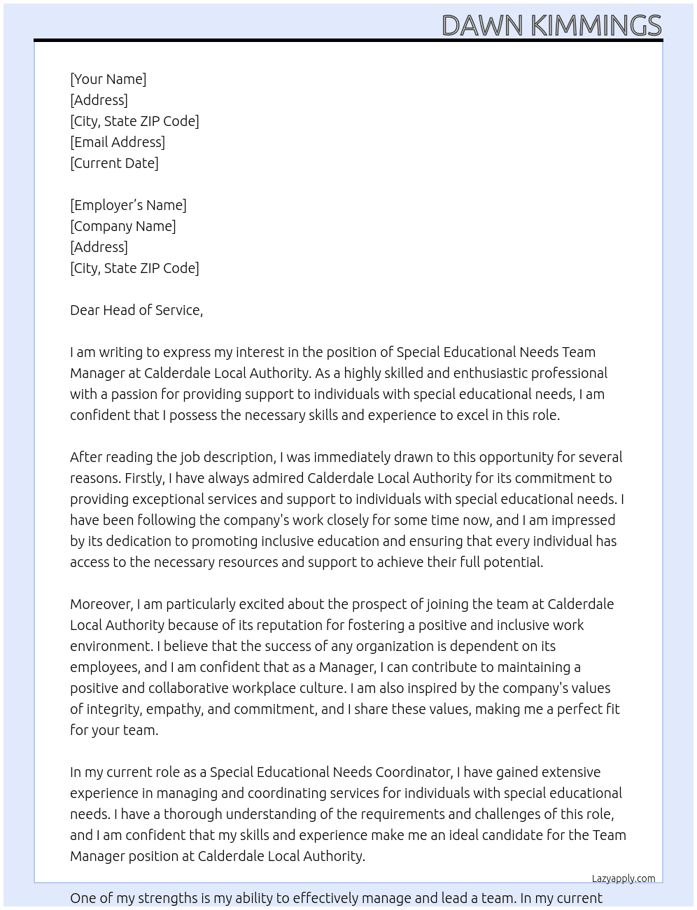 Special Educational Needs team manager At Calderdale Local Authority Cover Letter