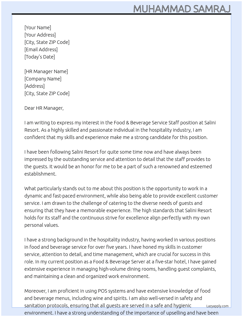 Food & Beverage Service Staff At Salini Resort Cover Letter