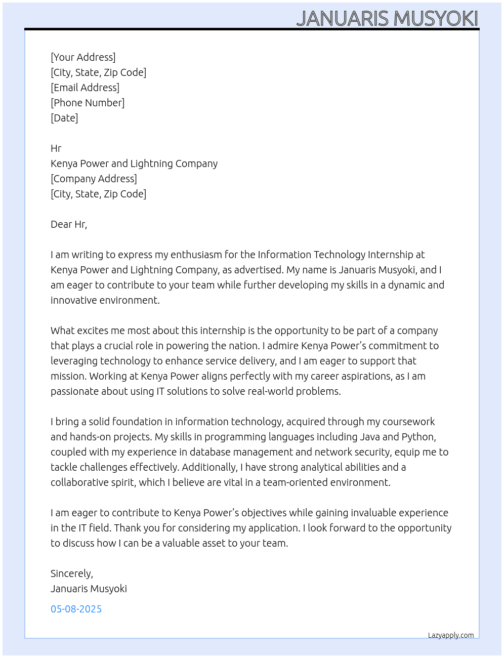 Information technology Internship At Kenya Power and Lightning Company Cover Letter