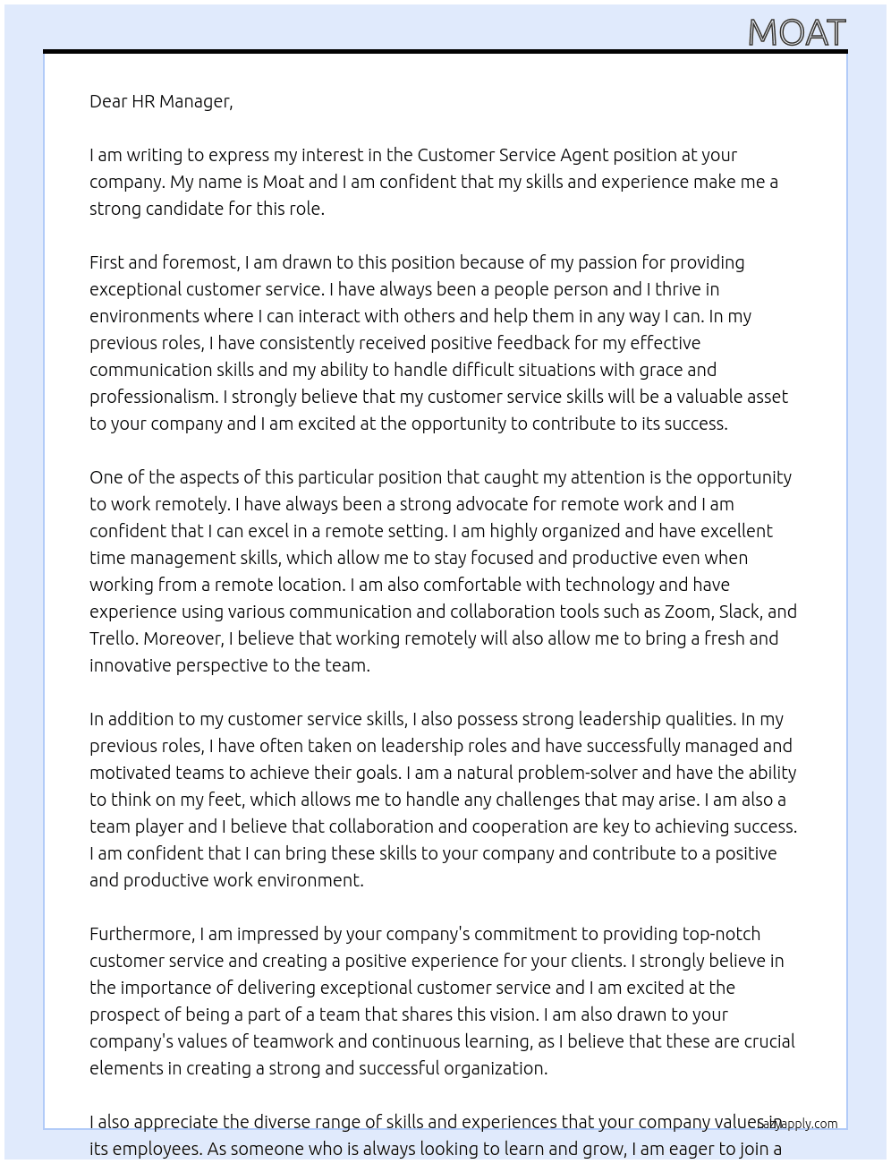 Customer Service Agent At no name Cover Letter