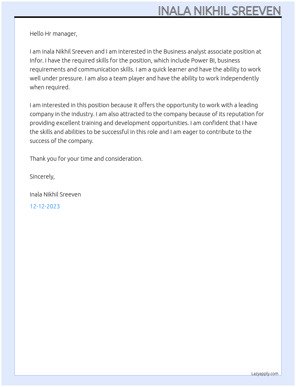 Business analyst associate At Infor Cover Letter