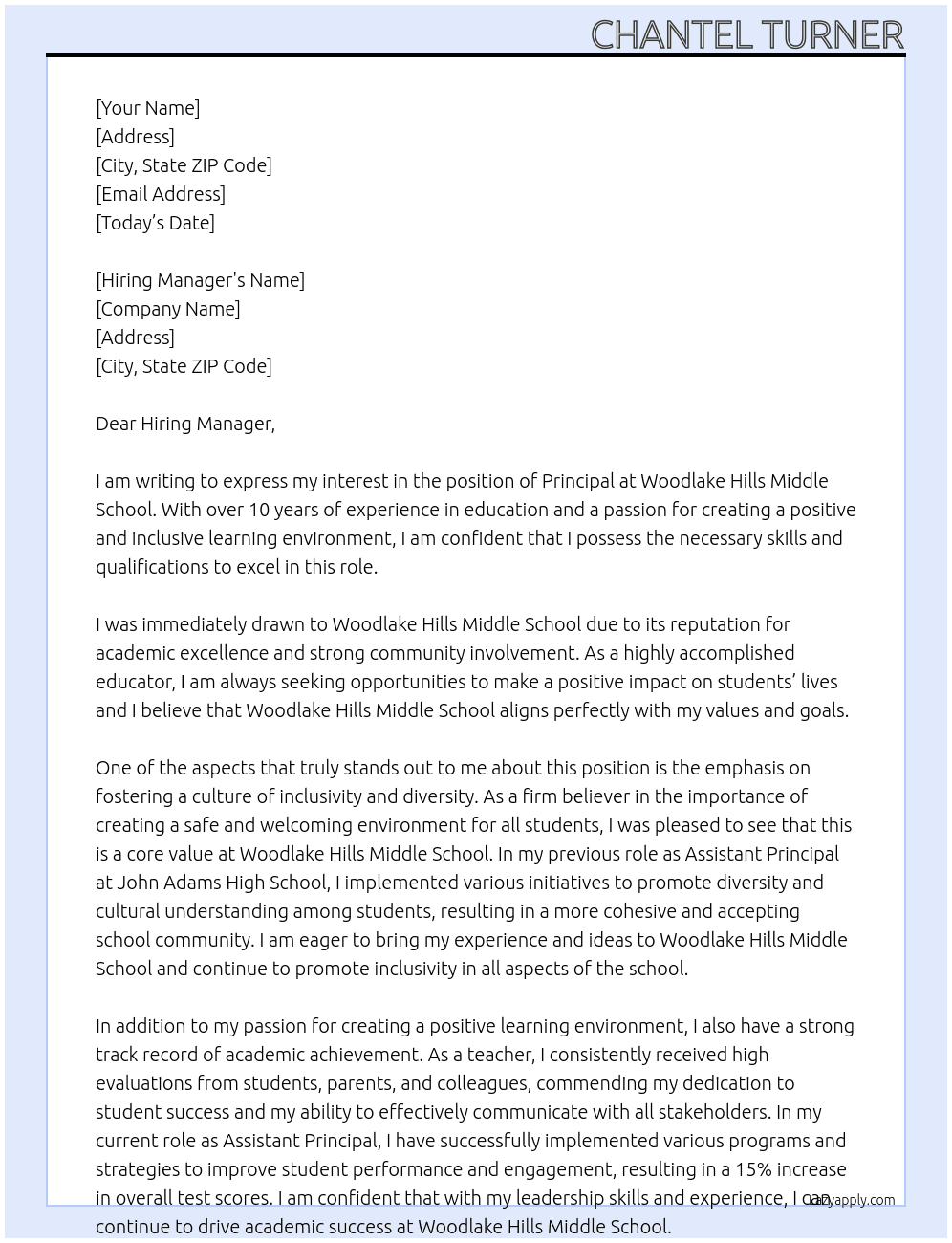 principal At Woodlake Hills Middle School Cover Letter