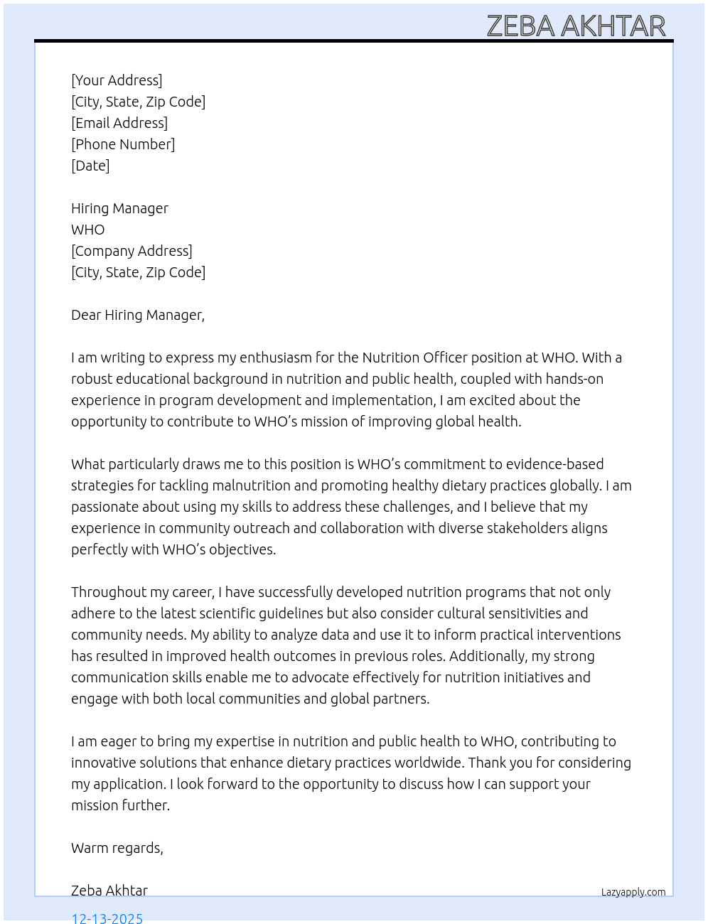 For nutrition officer At Who  Cover Letter