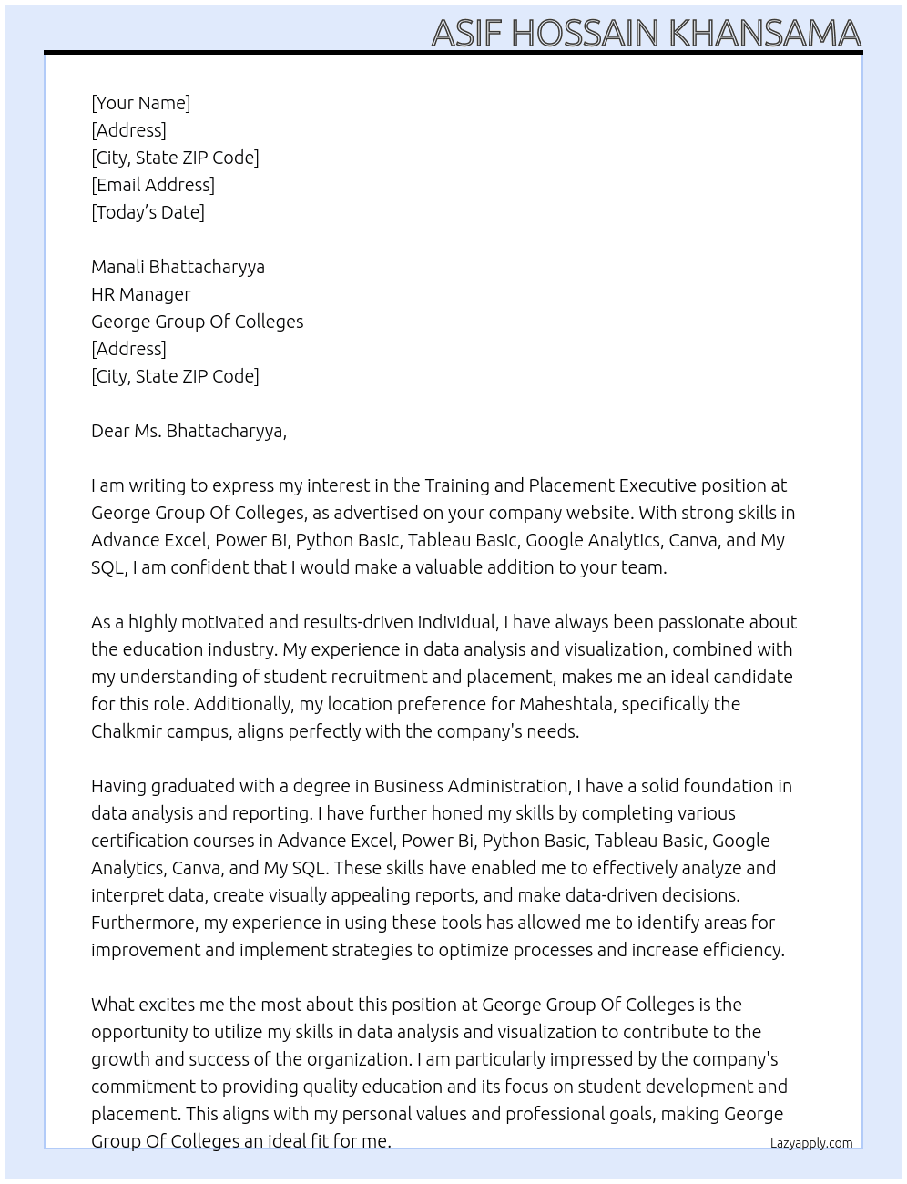 Traning and Placement Executive At George Group Of Colleges Cover Letter