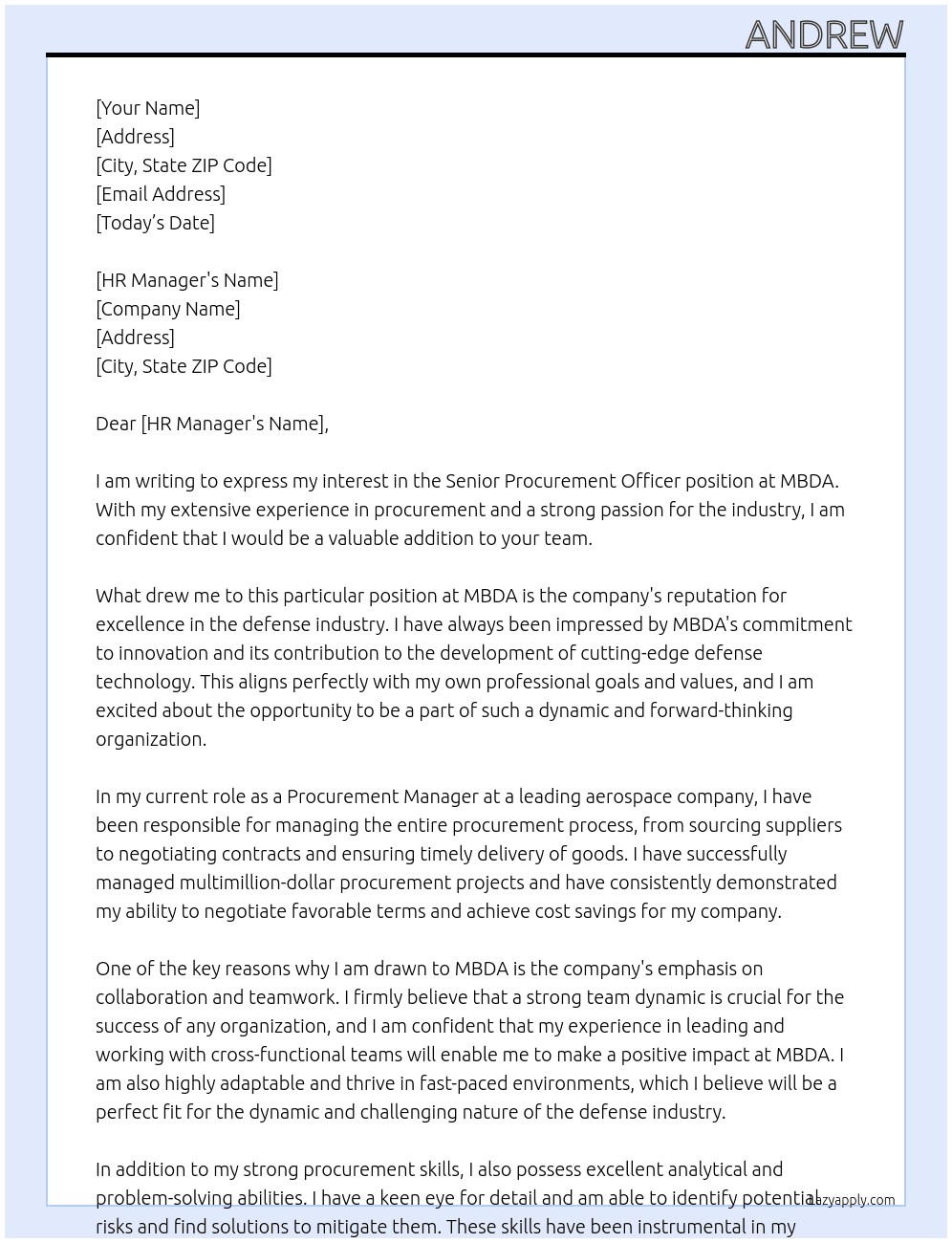 Senior Procurement Officer At MBDA Cover Letter