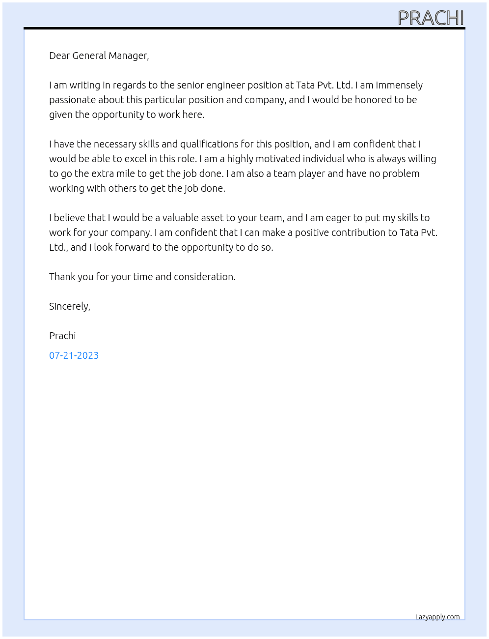 senior engineer At tata pvt.ltd Cover Letter