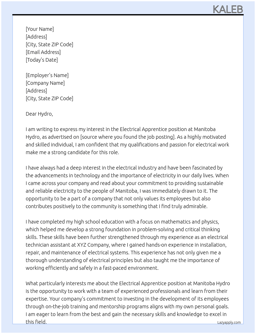 Electrical apprentice  At Manitoba hydro Cover Letter