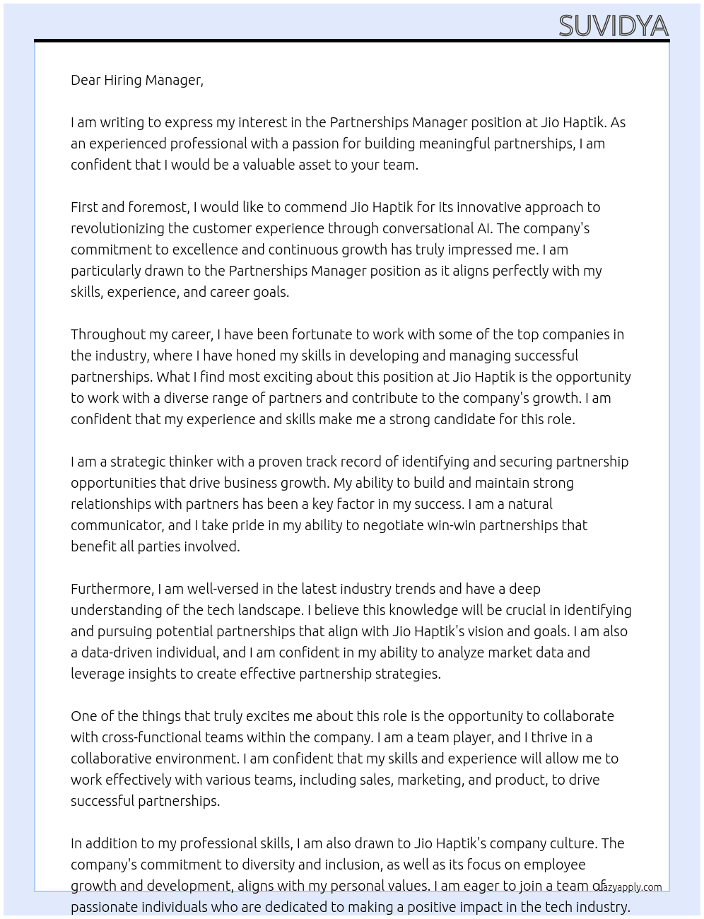 Partnerships Manager At Jio Haptik Cover Letter