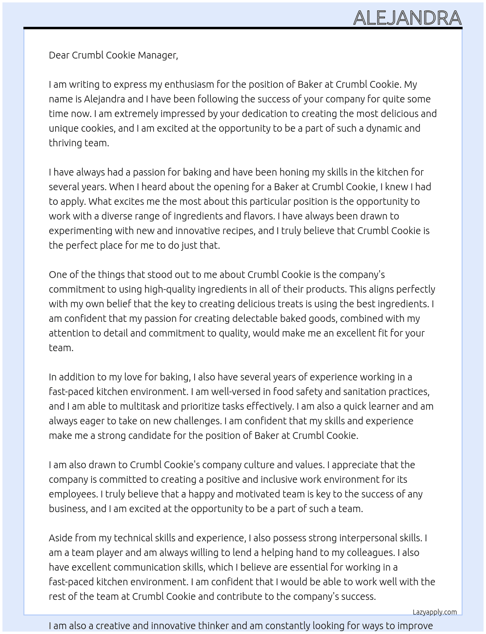 Baker At Crumbl Cookie Cover Letter