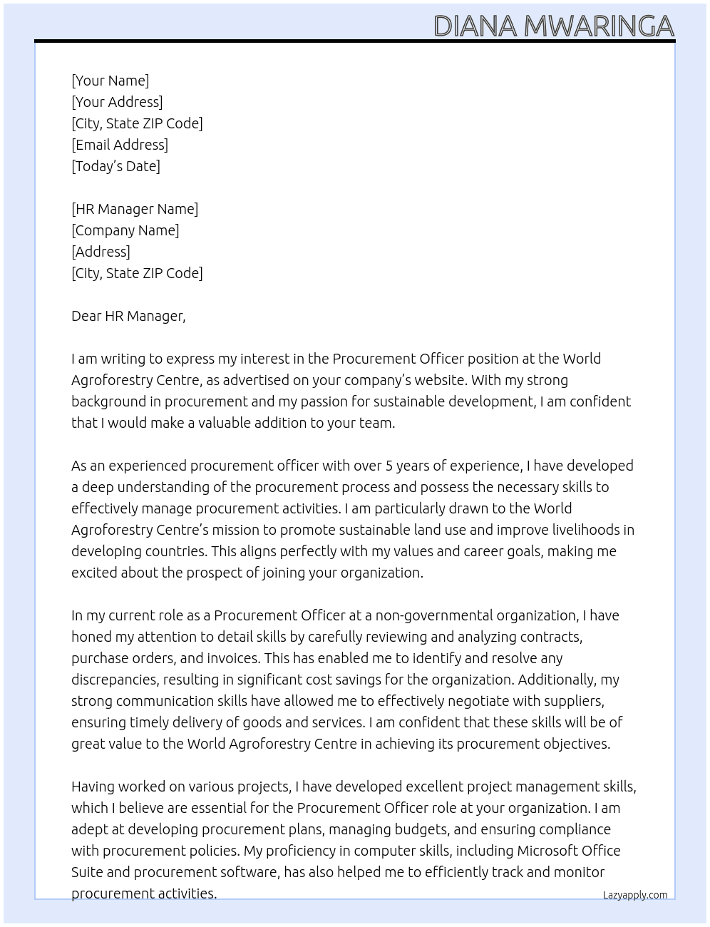 Procurement Officer At World Agroforestry Centre Cover Letter