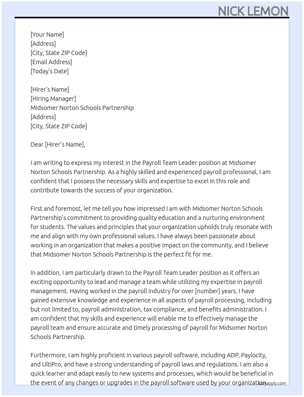 Payroll Team Leader At Midsomer Norton Schools Partnership Cover Letter