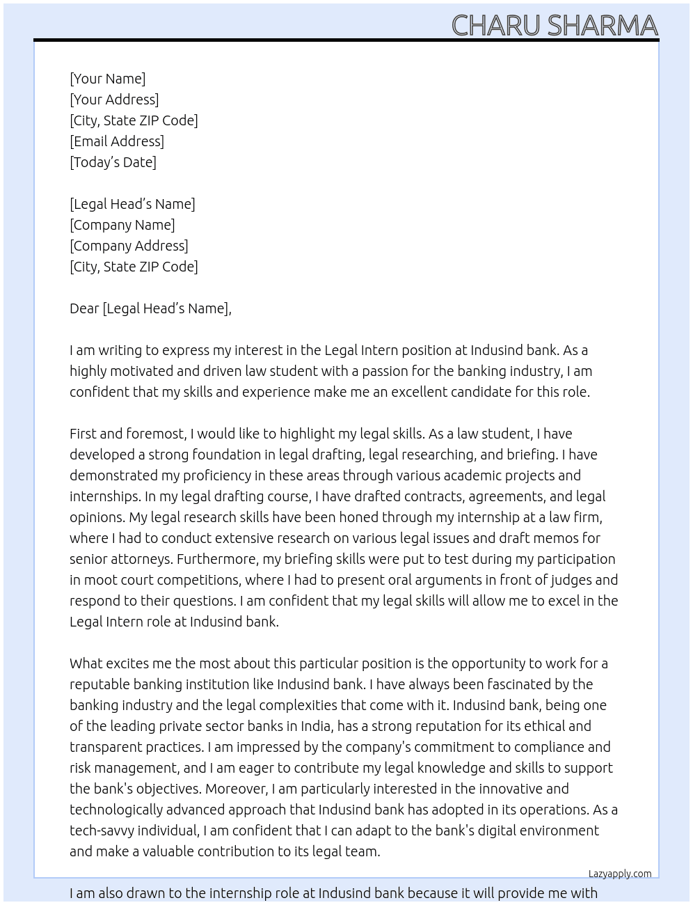 legal intern At Indusind bank Cover Letter