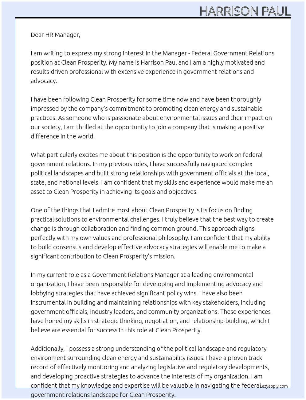 Manager — Federal Government Relations At Clean Prosperity  Cover Letter
