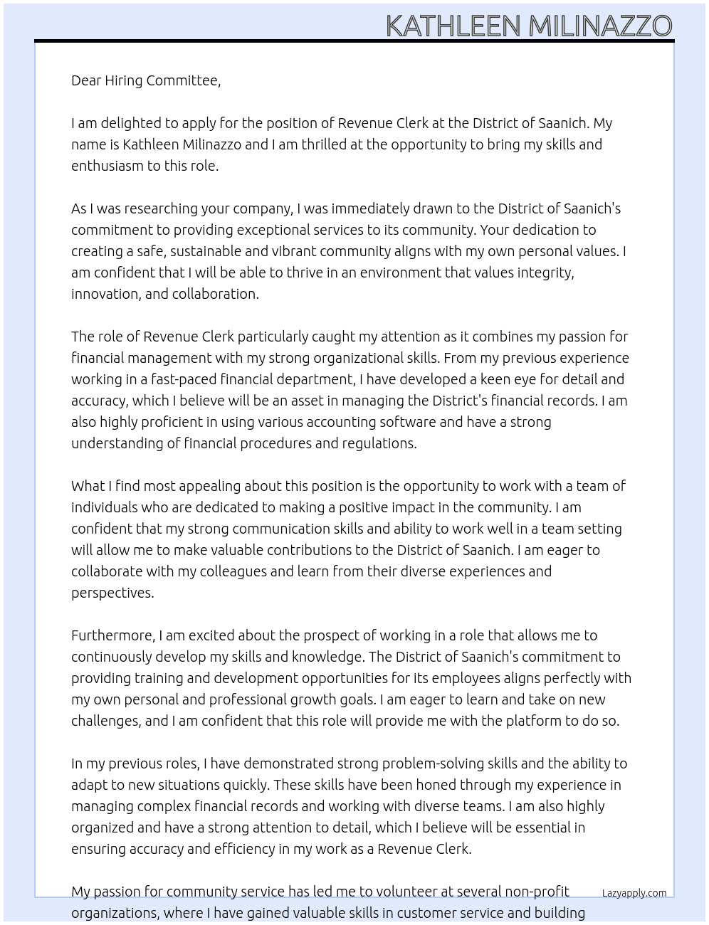 Revenue Clerk At District of Saanich Cover Letter