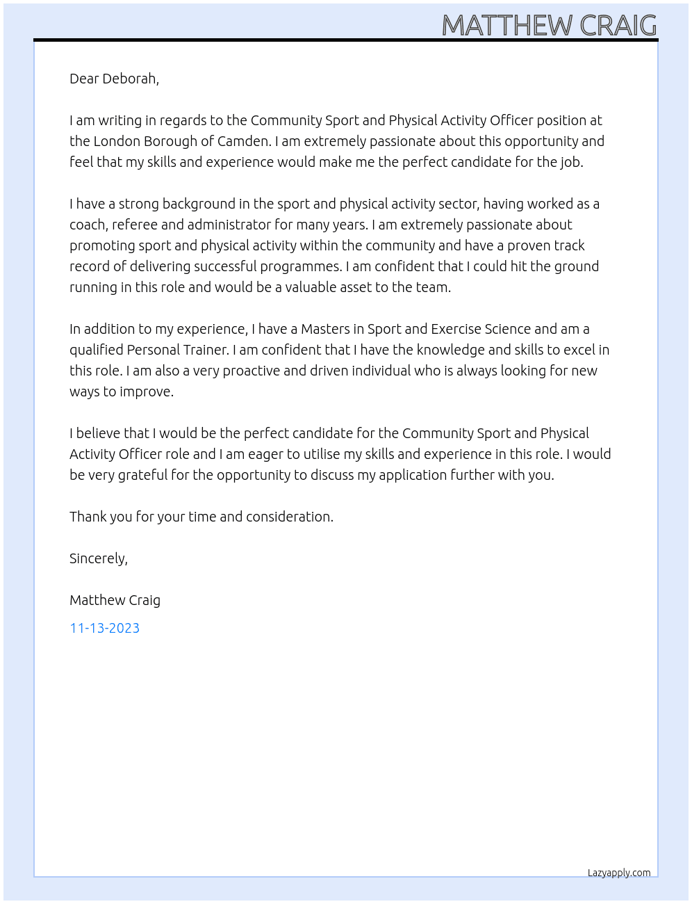 Community Sport and Physical Activity Officer At London Borough of Camden Cover Letter