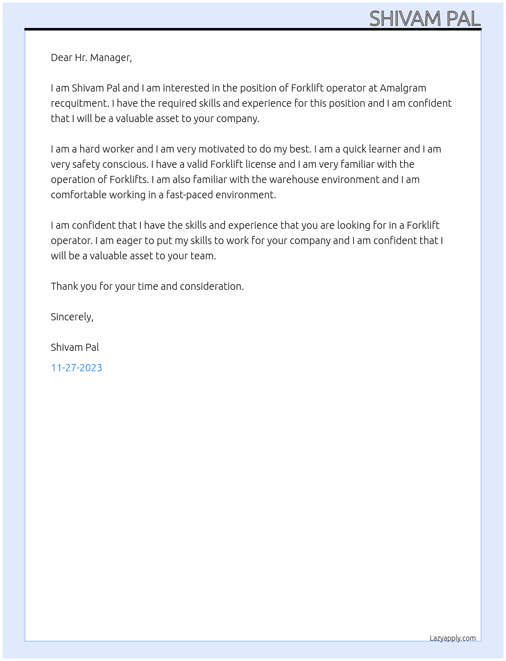  Forklift operator  At Amalgram recquitment  Cover Letter