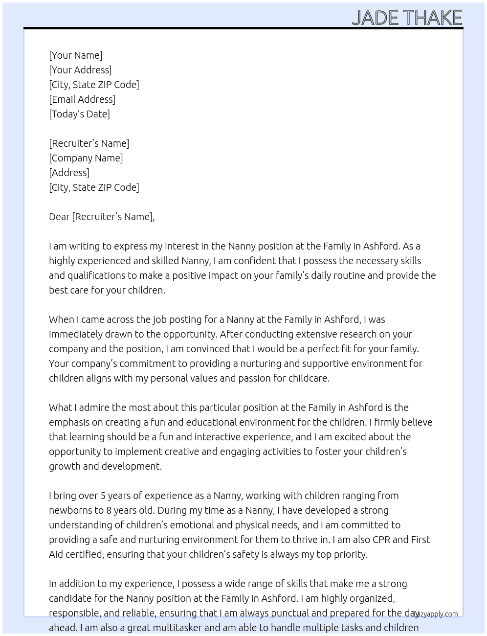Nanny At Family in Ashford Cover Letter