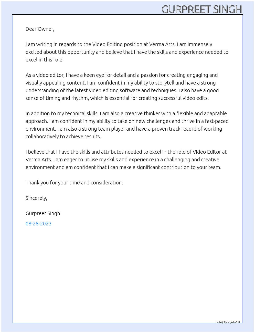 Video Editing At Verma Arts Cover Letter