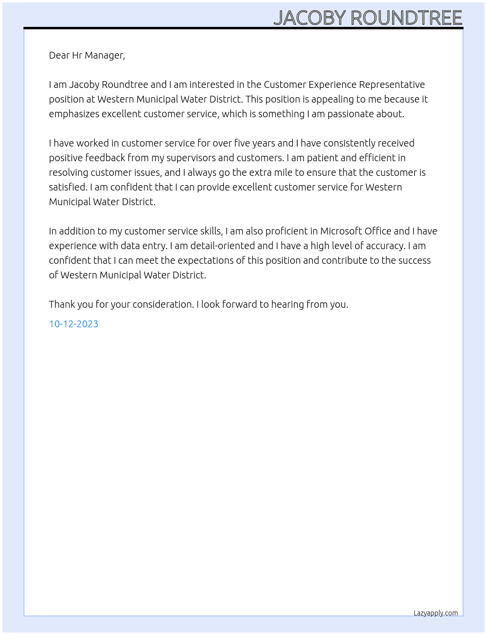 Customer Experience Representative At Western Municipal Water District Cover Letter