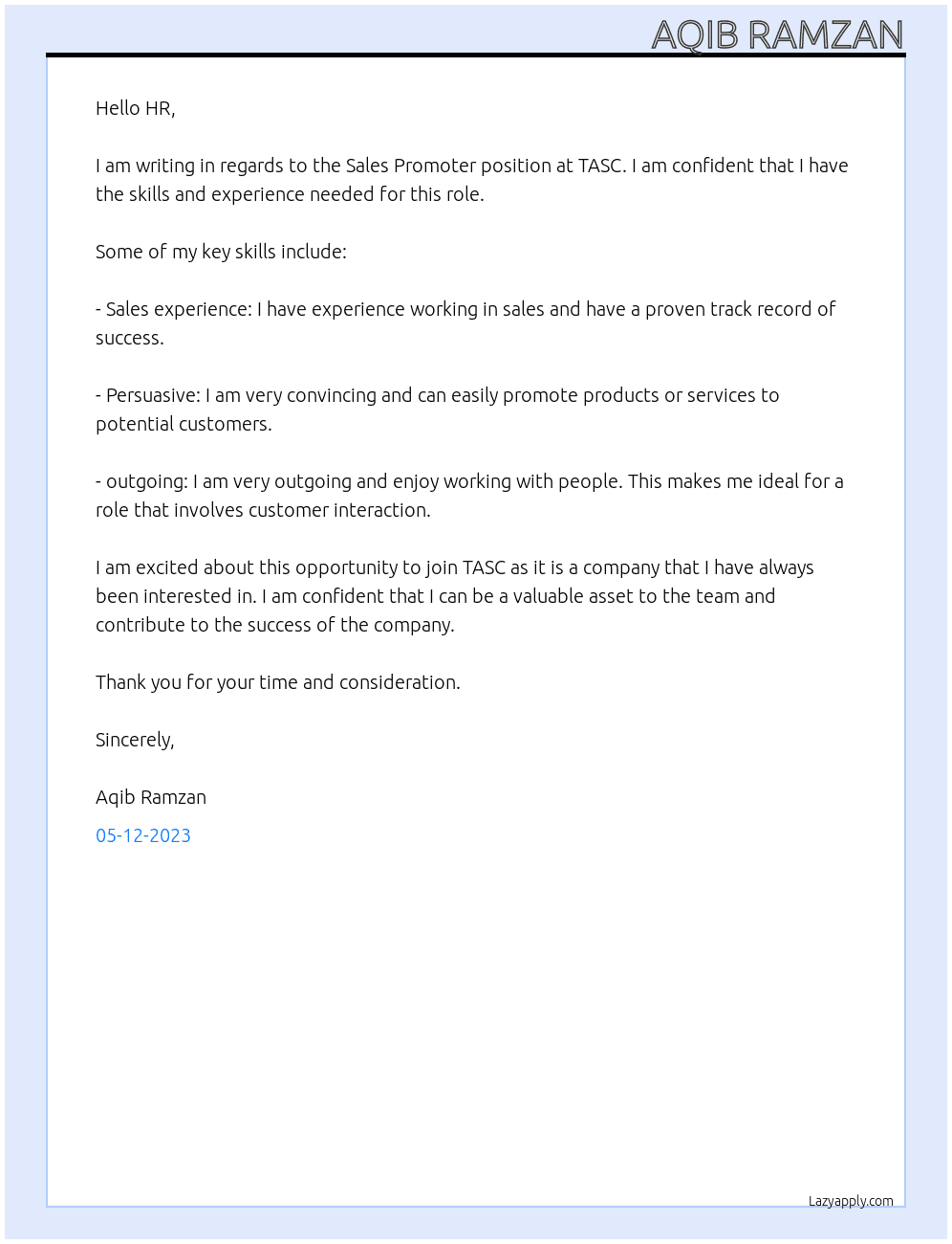 Sales promoter At TASC Cover Letter