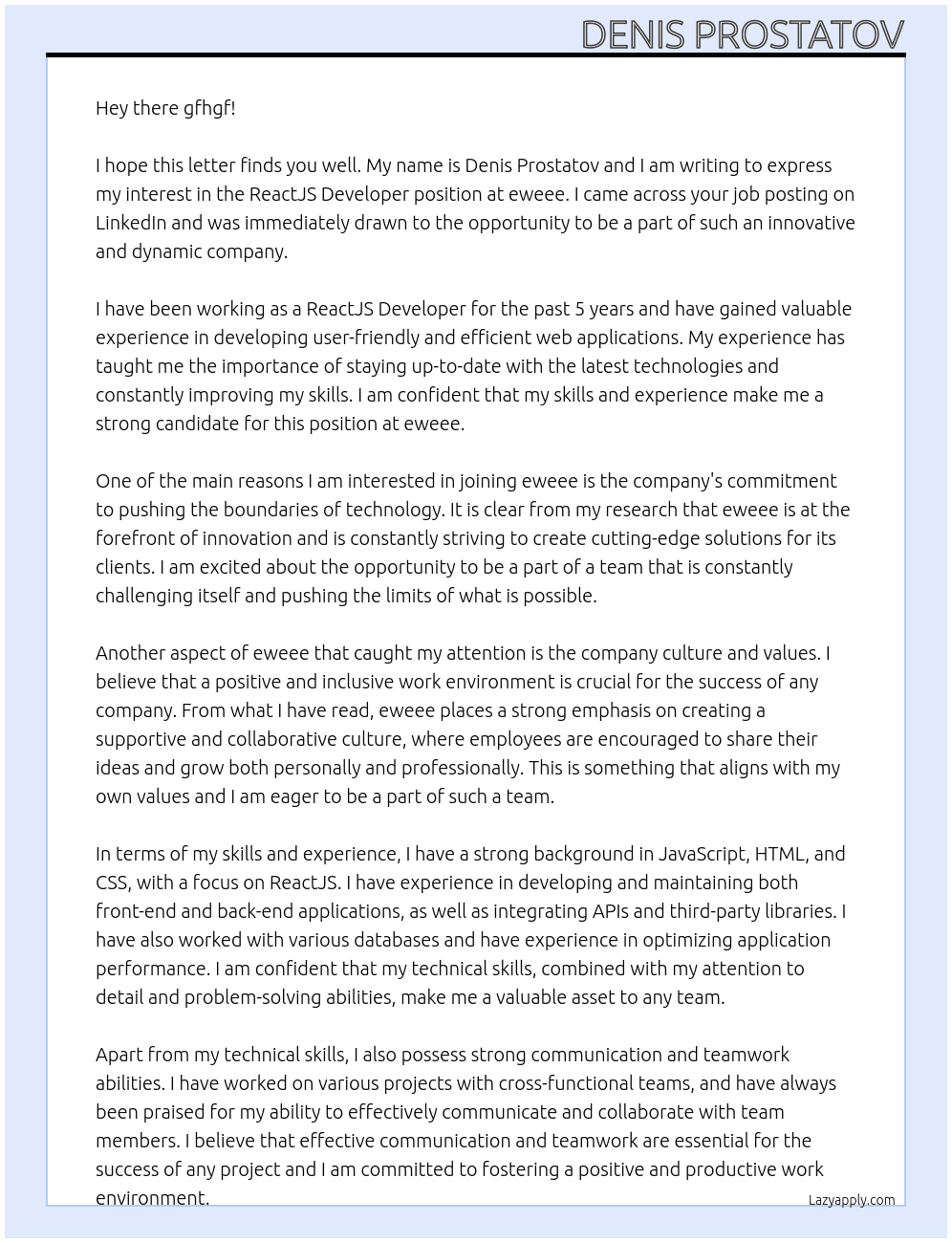 ReactJS Developer At eweee Cover Letter
