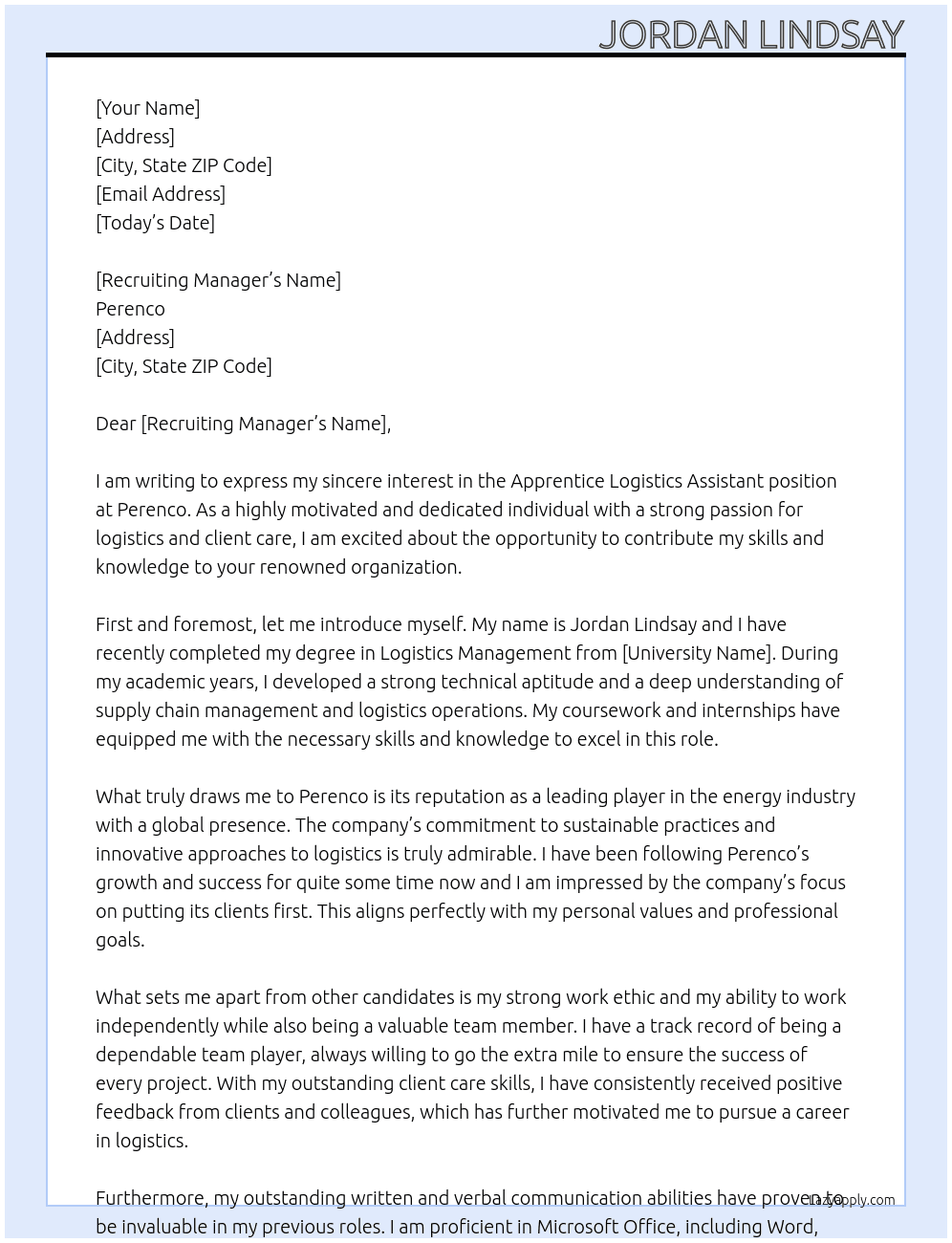 APPRENTICE LOGISTICS ASSISTANT At Perenco Cover Letter