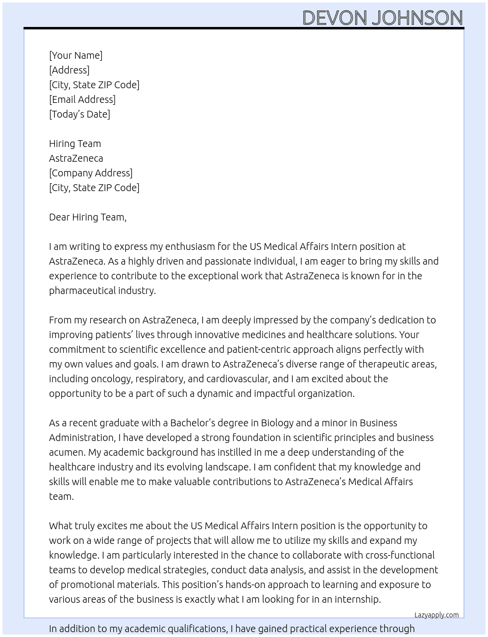 US Medical Affairs Intern At AstraZeneca  Cover Letter