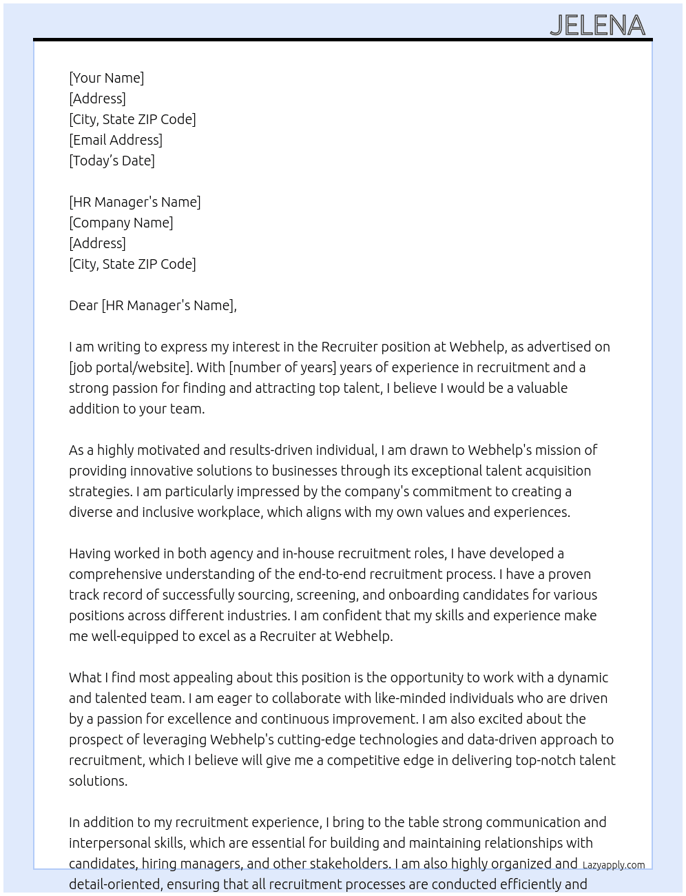 Recruiter  At Webhelp Cover Letter