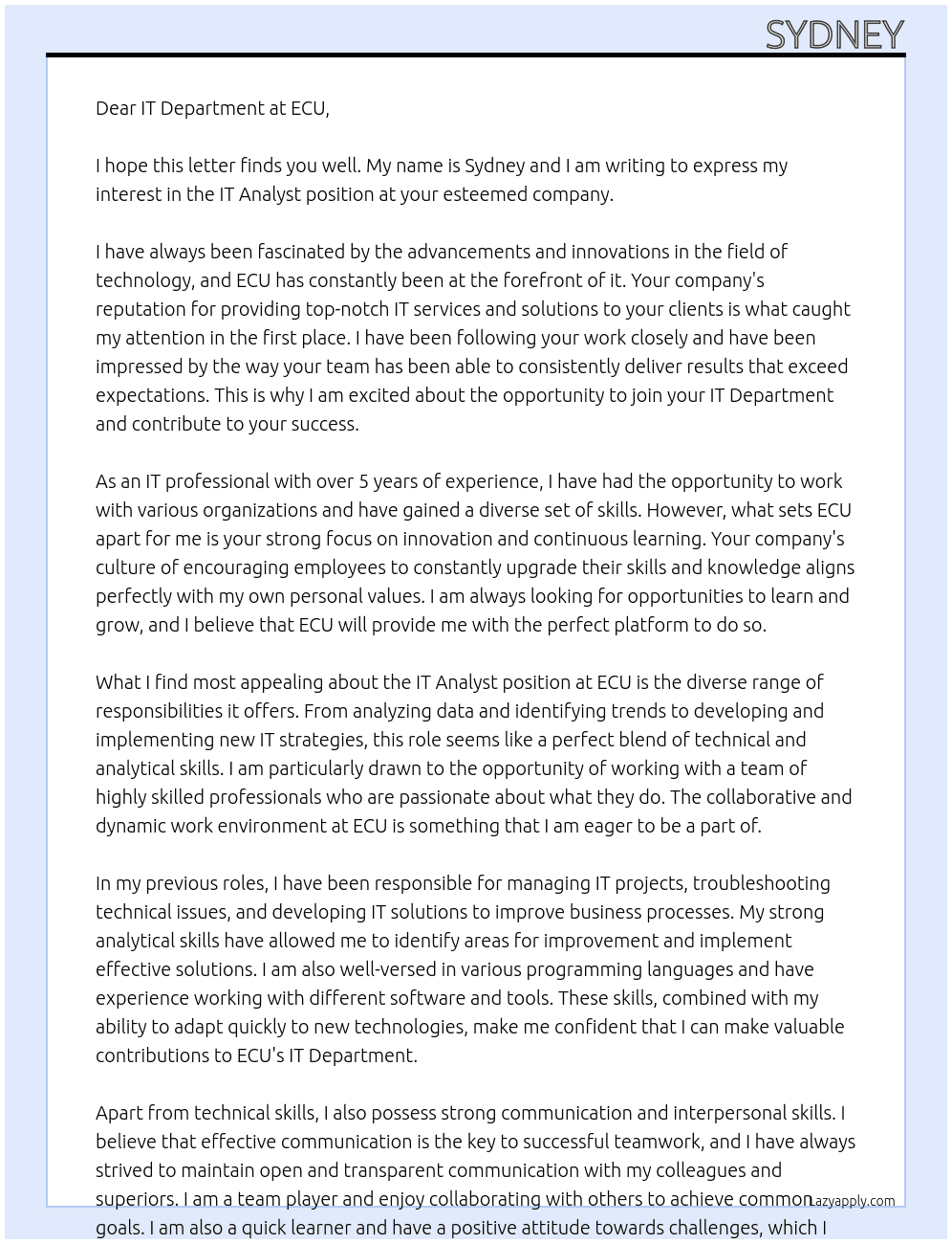 IT Analyst At ecu Cover Letter