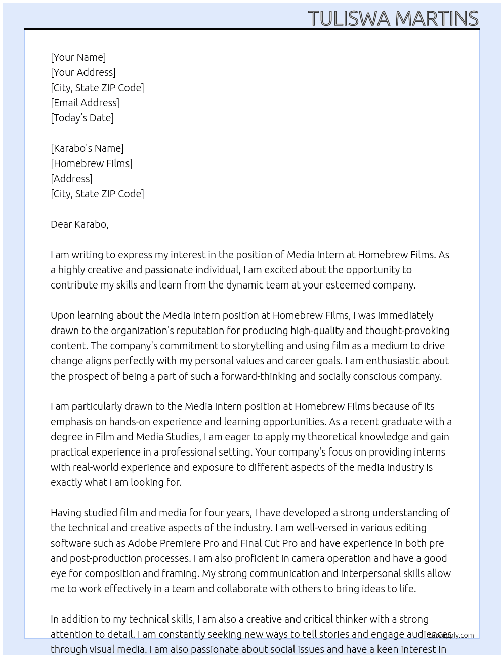 Media Intern At Homebrew films Cover Letter