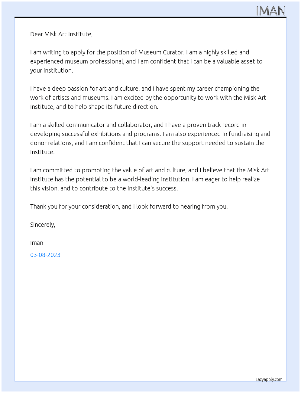 MUSEUM CURATOR At Misk Art Institute Cover Letter