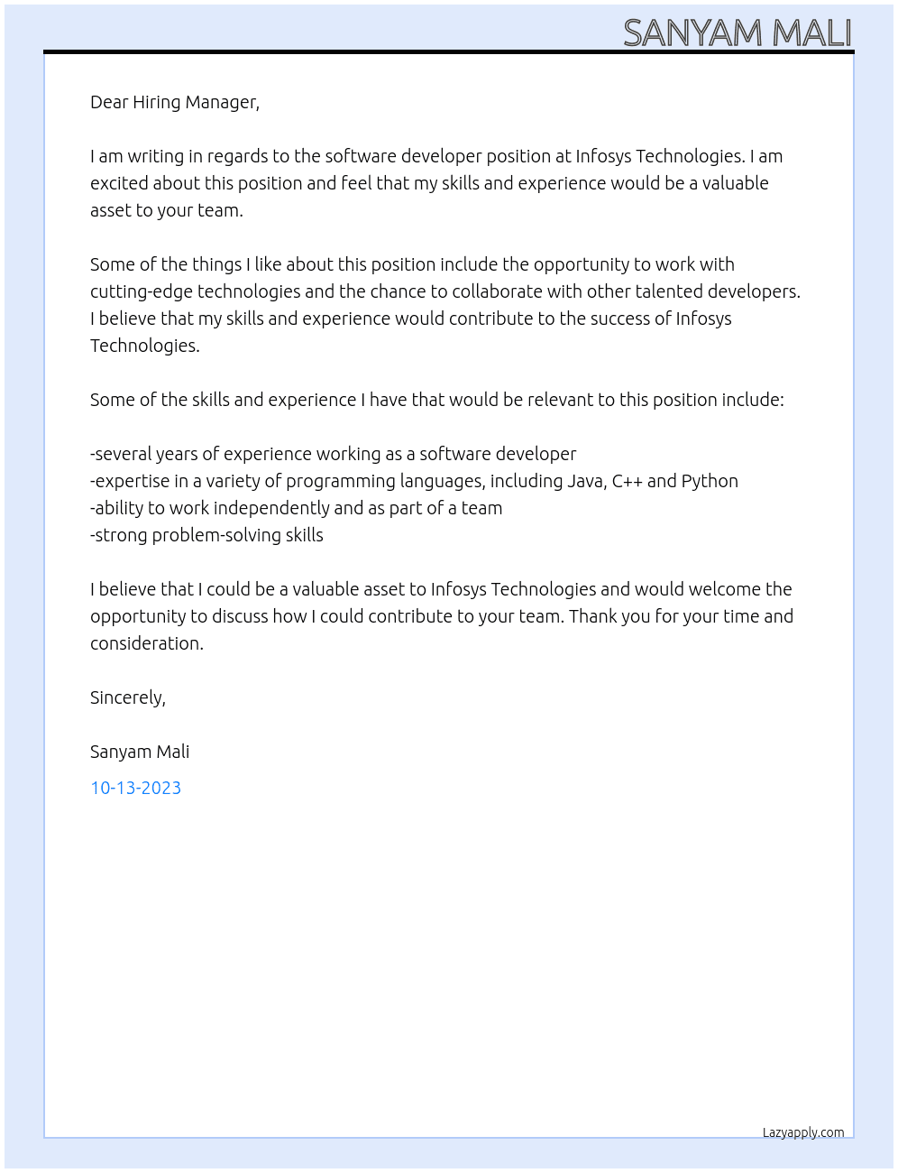 Software Developer At Infosys Technologies Cover Letter