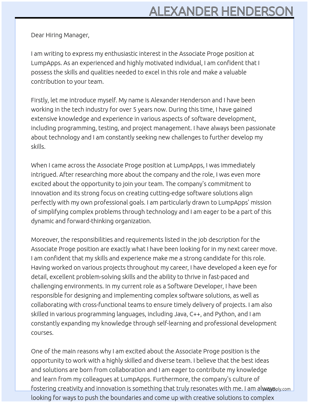 Associate Proge At LumpApps Cover Letter