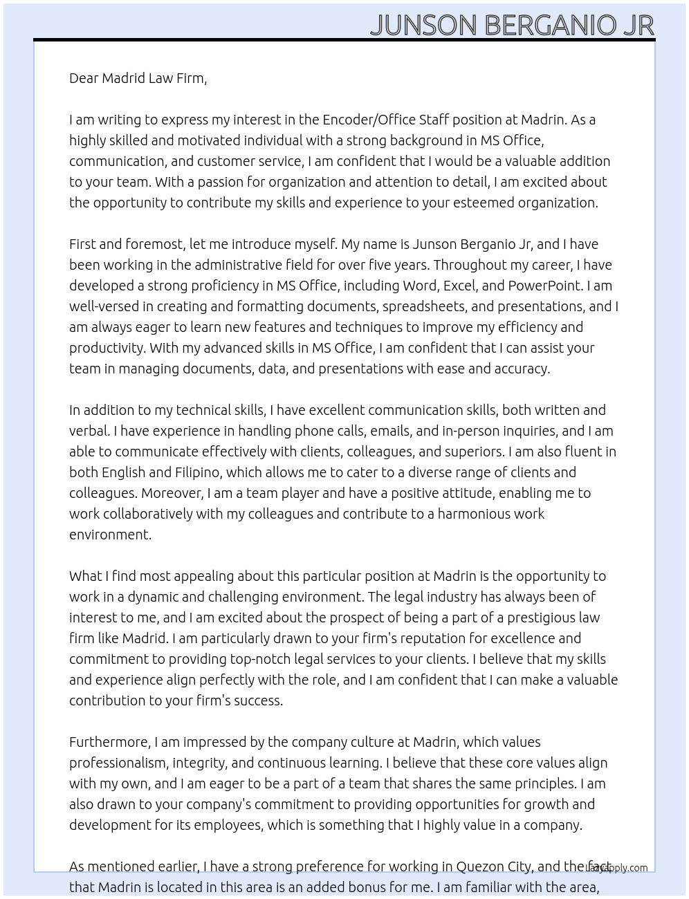 Encoder/Office Staff At Madrin Cover Letter