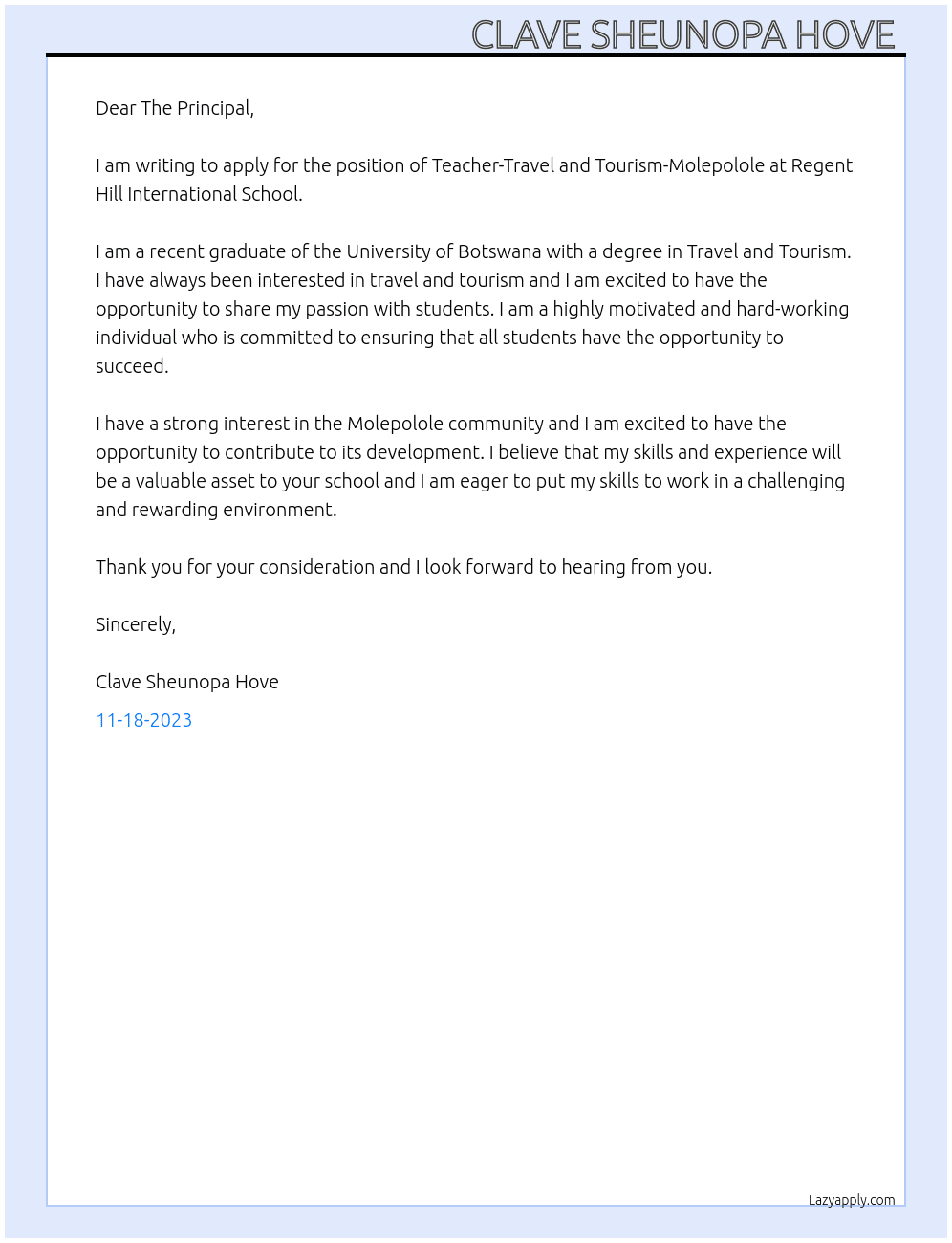 RE. ApplicationTeacher-Travel and Tourism-Molepolole At Regent Hill International School Cover Letter