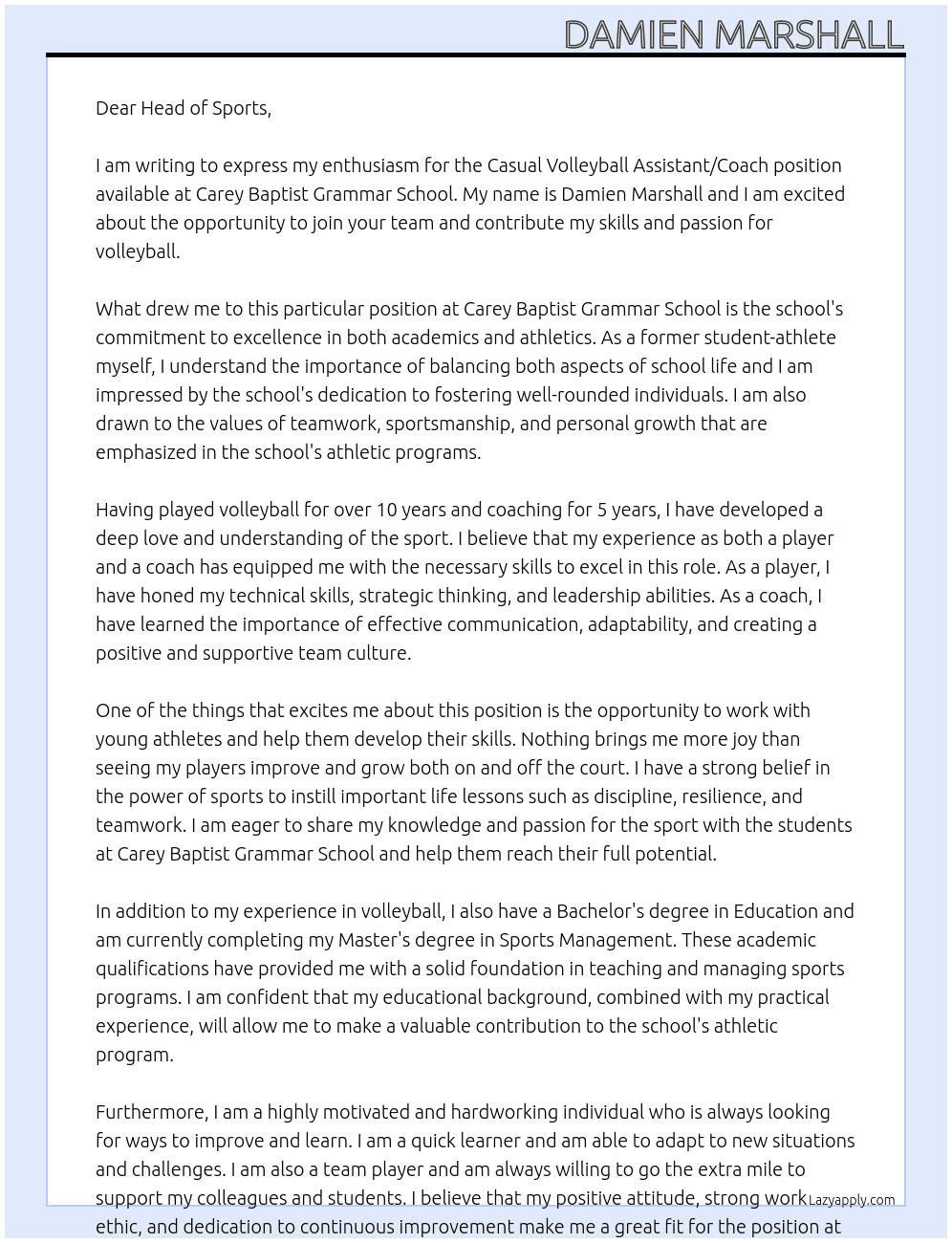 Casual Volleyball Assistant/Coach At Carey Baptist Grammar School Cover Letter
