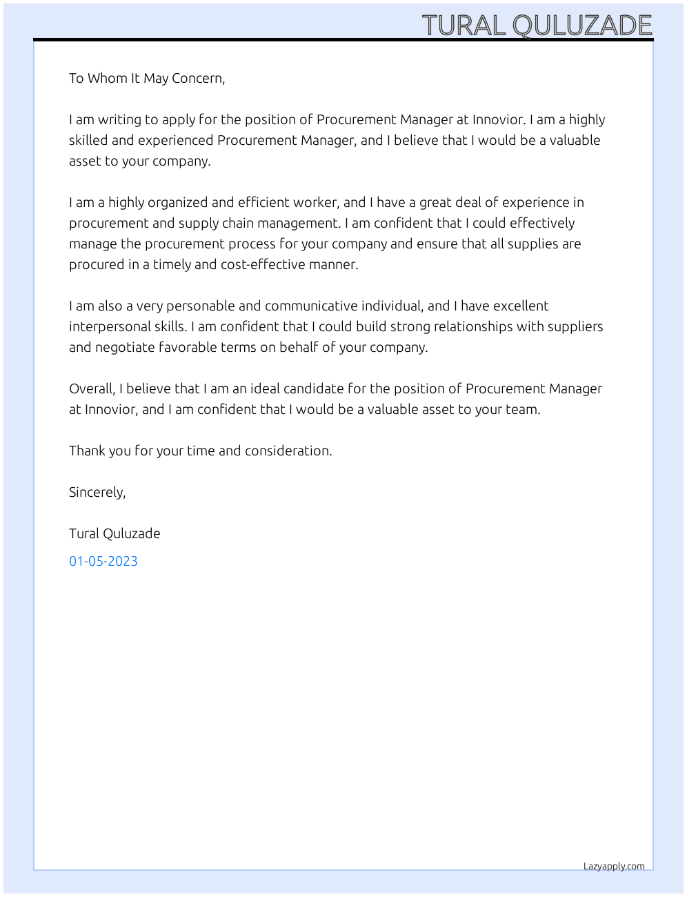Procurement manager At Innovior Cover Letter
