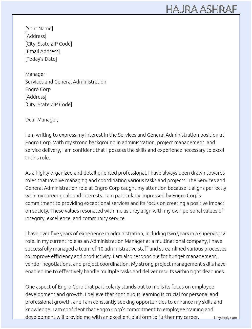 Services and General administration  At Engro Corp Cover Letter